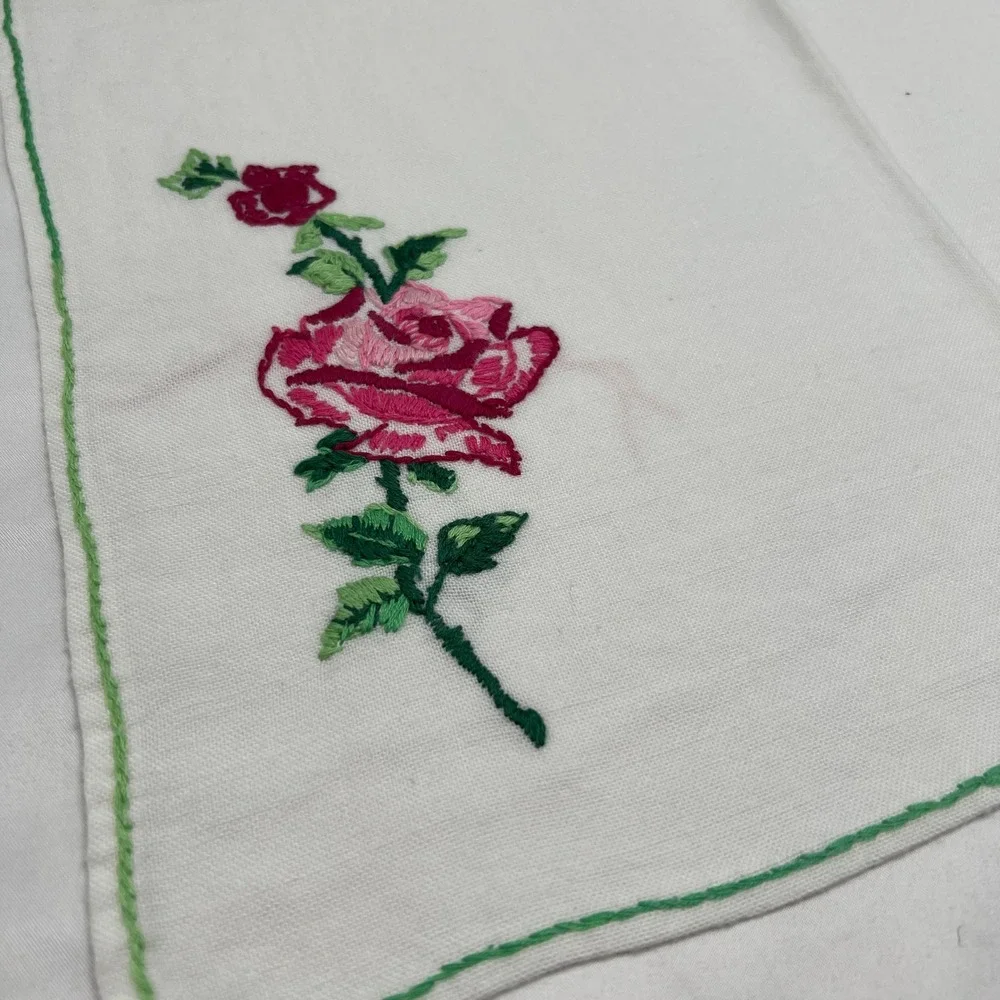 Vintage Hand Embroidered White Linen Guest Towel Pink Rose Floral 12x17 MCM